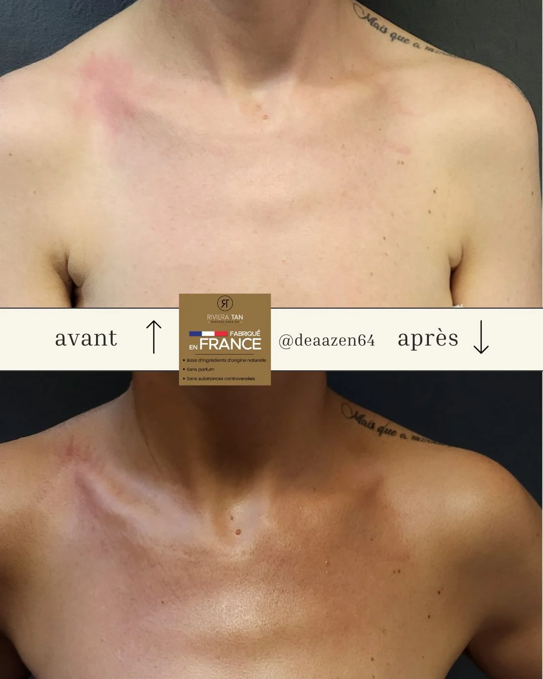 vant / après Spray Tan à l’Institut de A à Zen à Serres-Castet : bronzage sans UV naturel avec Riviera Tan.